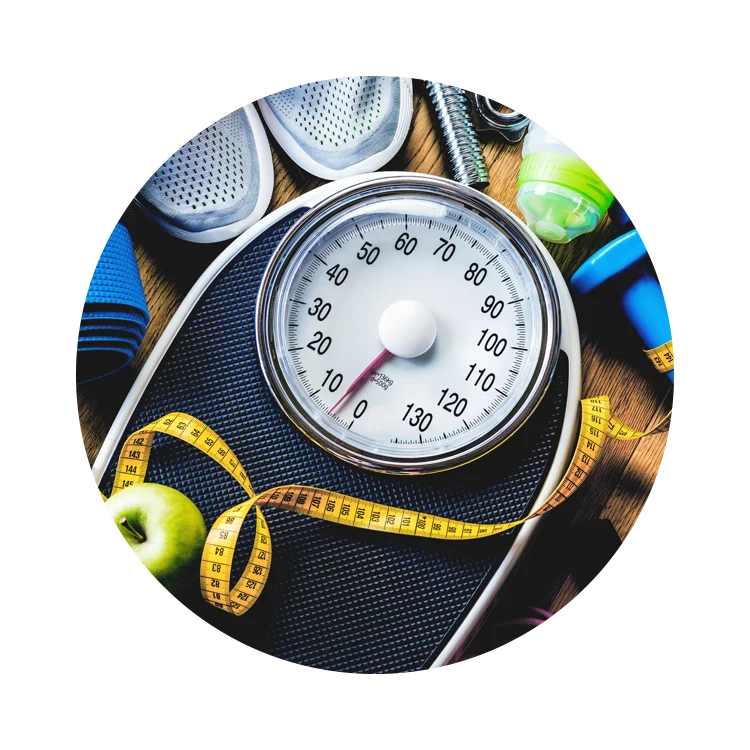 Weight Loss Pomona CA Scale HP v2 A bathroom scale surrounded by fitness equipment and a measuring tape
