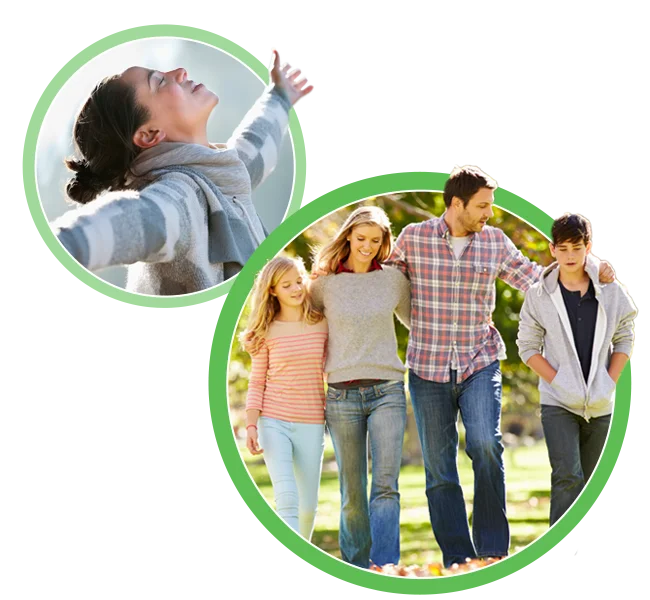 Women’s Health Pomona CA Happy Family HP A happy family walking outside on an autumn day and a woman throwing her head back in victory
